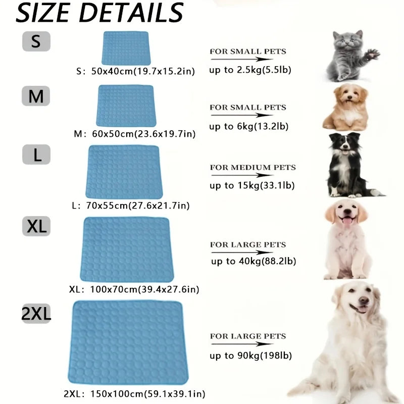 CoolPaws dog cooling mat size guide - S M L XL 2XL dimensions and weight capacity chart for small medium and large pets