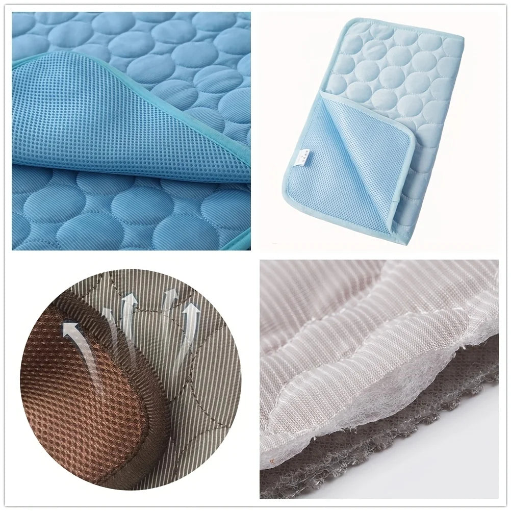 CoolPaws dog cooling mat texture detail - blue foldable mat showing breathable mesh bottom and multi-layer construction