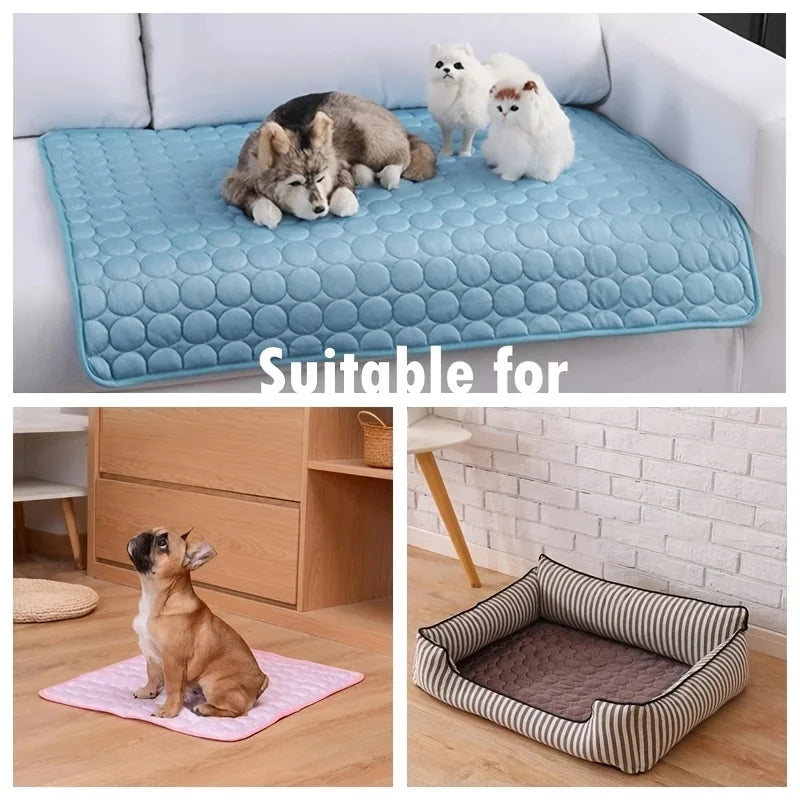 CoolPaws cooling mat suitable for sofa floor and pet bed - blue and pink options - multiple dogs shown in different home settings