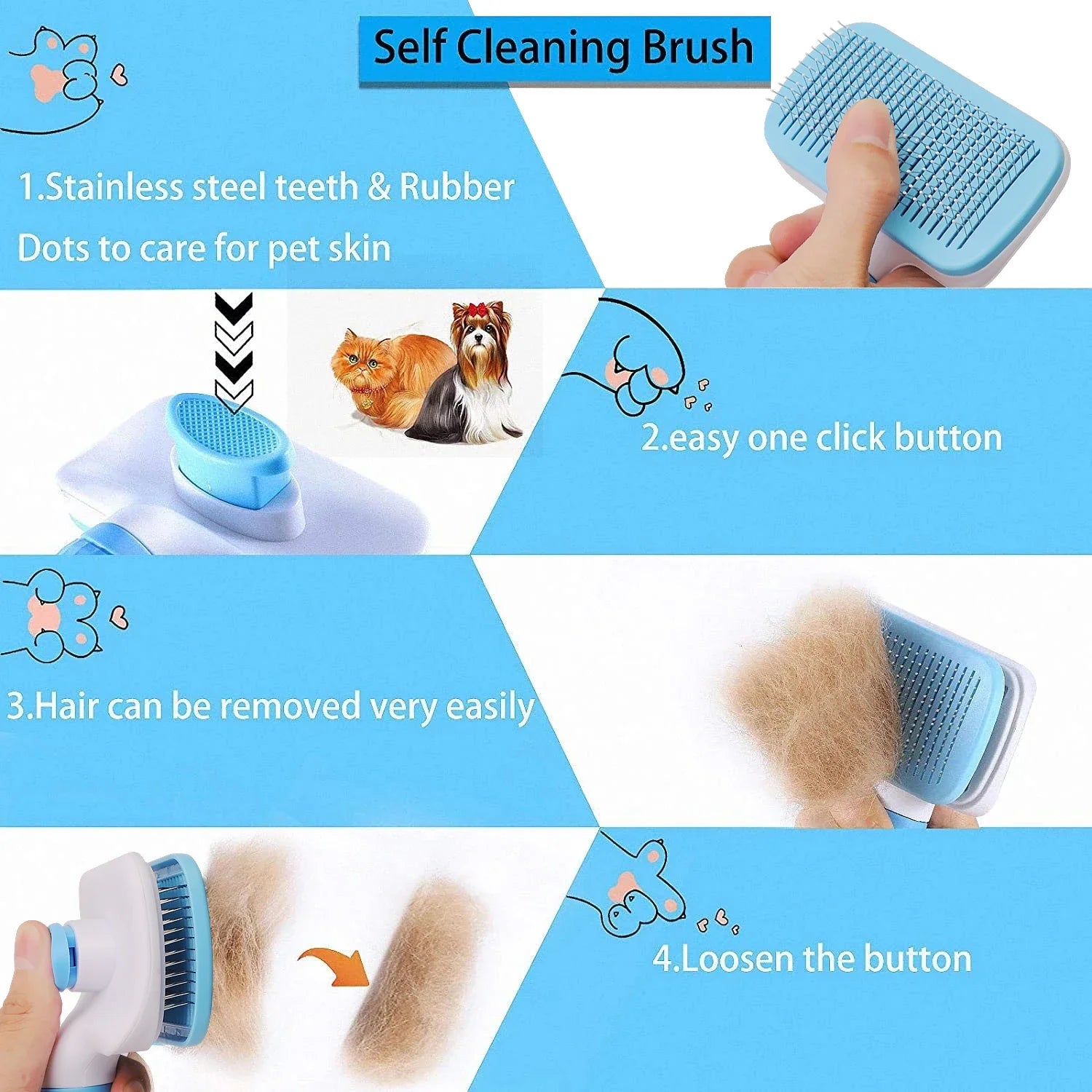 Self-Cleaning Pet Grooming Brush — Dog & Cat Hair Remover with Massage Pins